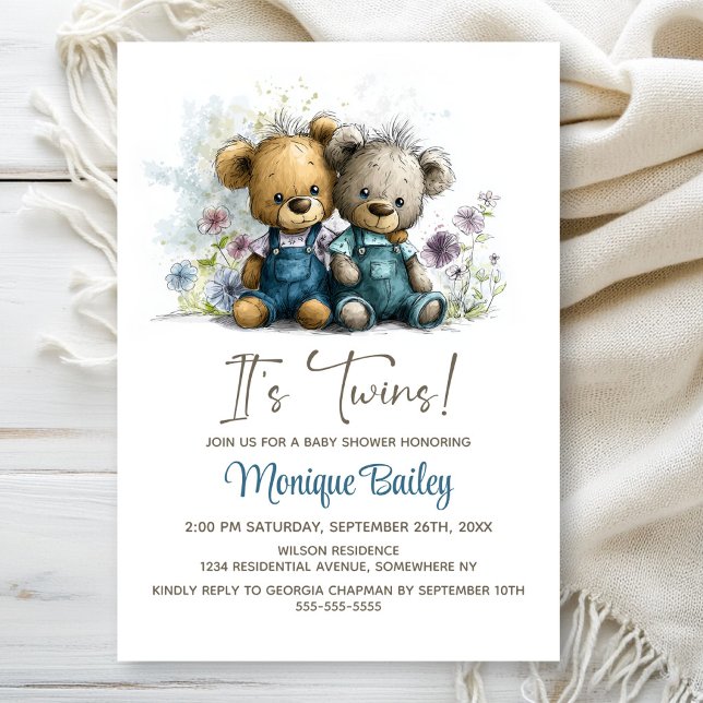Convites Adorable Teddy Bear Twins Baby Shower (Criador carregado)
