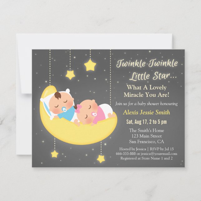 Convites Adoráveis Gêmeos Twinkle Twinkle Little Star Chá d (Frente)