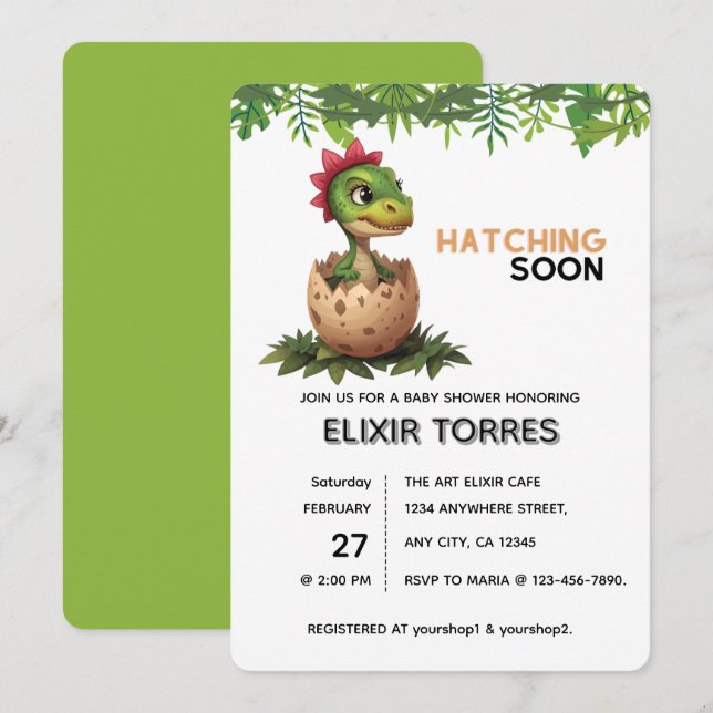 Convites Adorável Bebê Dinossauro Kawaii Eclodindo (Frente/Verso)