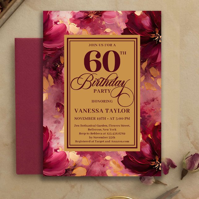 Convites Adorável Beije Burgundy Dourado Estilo 60º Anivers (Lovely Burgundy Blush Gold Style 60th Birthday Invitation

)