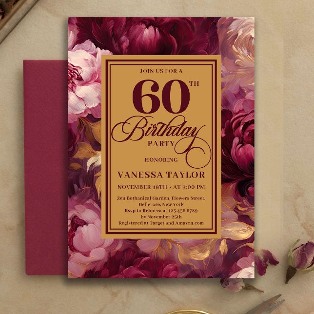 Convites Adorável Beije Dourado Borgonha Estilo 60º Anivers (Lovely Burgundy Blush Gold Style 60th Birthday Invitation

)