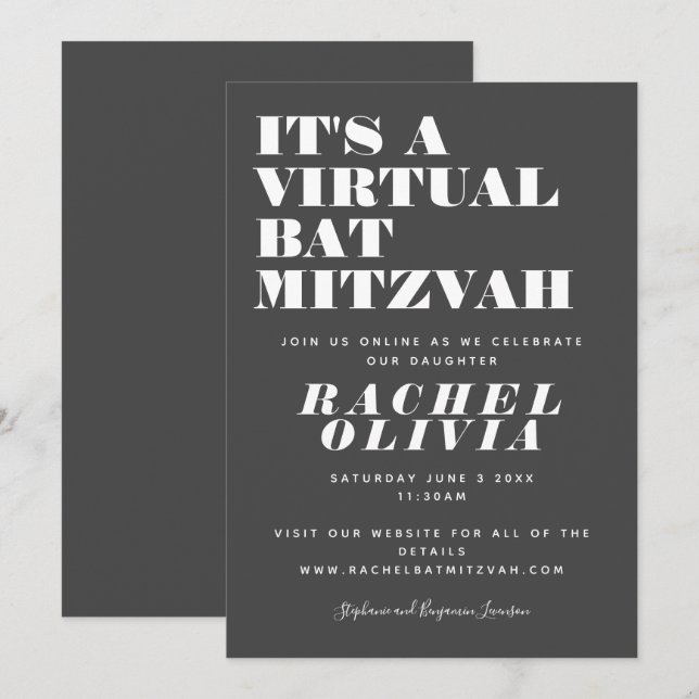 Convites Adorável B'nai Mitzvá Virtual Online Preto e Branc (Frente/Verso)