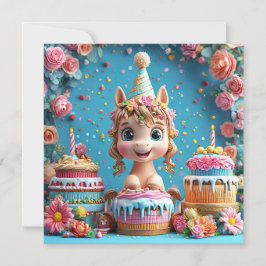 Convites Adorável Cartoon Pony Celebrando Aniversário