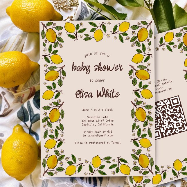 Convites Adorável CHÁ DE FRALDAS de Código QR PERSONALIZADO (Lovely Lemons Rustic CUSTOM QR Code BABY SHOWER Invitation
)