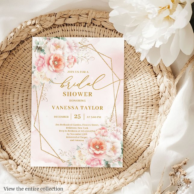 Convites Adorável Chá de panela de Rosas de Quadro Dourado  (Lovely Boho Blush Gold Frame Roses Bridal Shower Invitation )