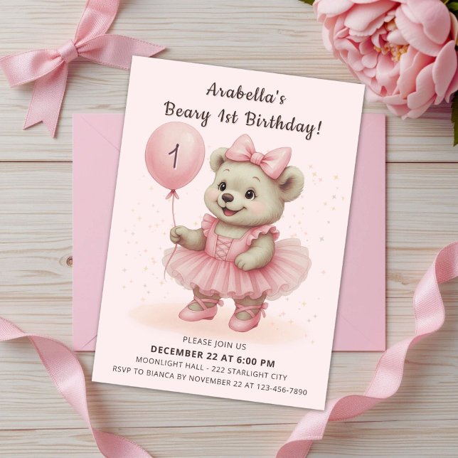 Convites Adorável Coquette Ballerina Bear Aniversário (Criador carregado)