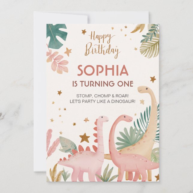 Convites Adorável Dino Rosa (Frente)