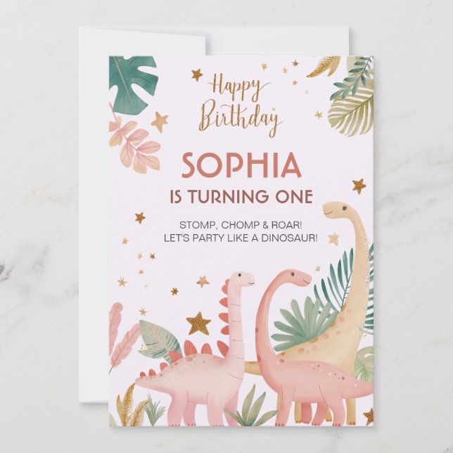 Convites Adorável Dino Rosa (Frente)