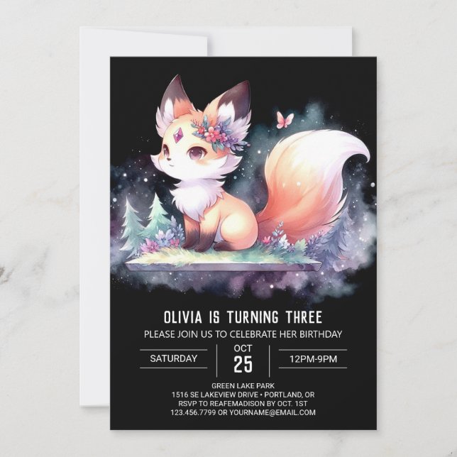Convites Adorável Fox Birthday digital majestoso (Frente)