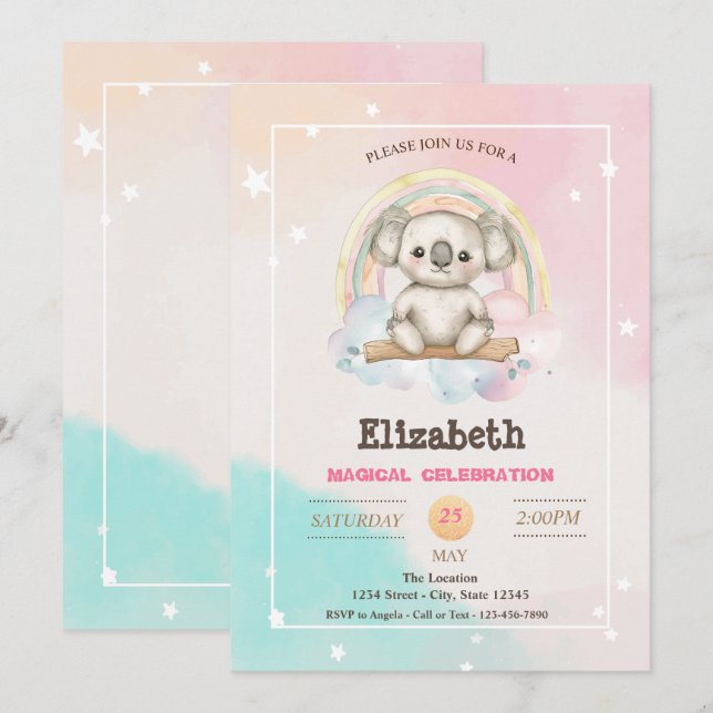Convites Adorável Koala Bonito Aniversário Arco-Íris (Frente/Verso)