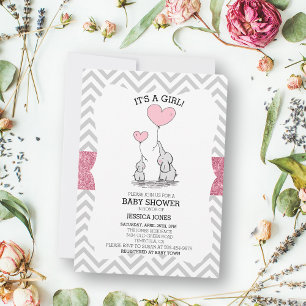 Convites Adorável Mamãe & Bebê Elefantes Rosa Chás de Bebê