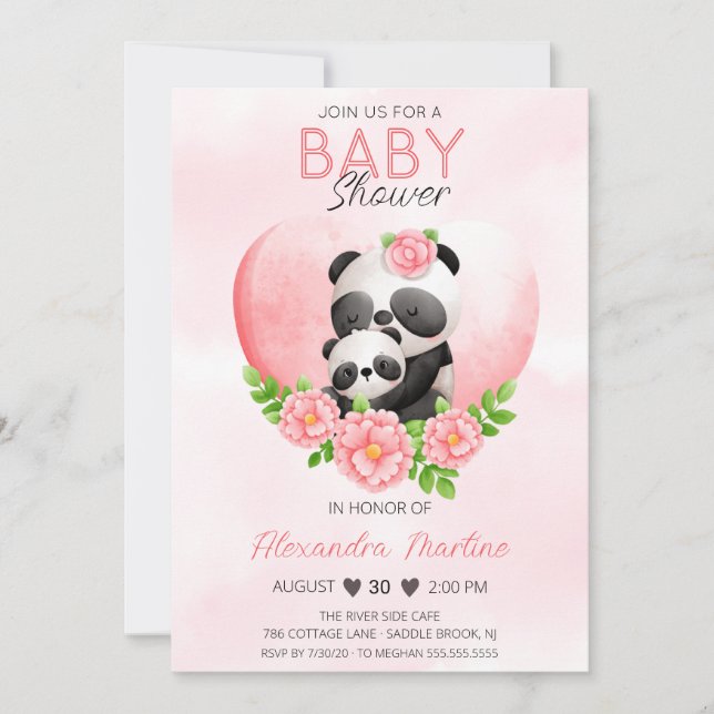 Convites Adorável Mamãe Panda & Bebê Chuveiro de Bebê Flora (Frente)