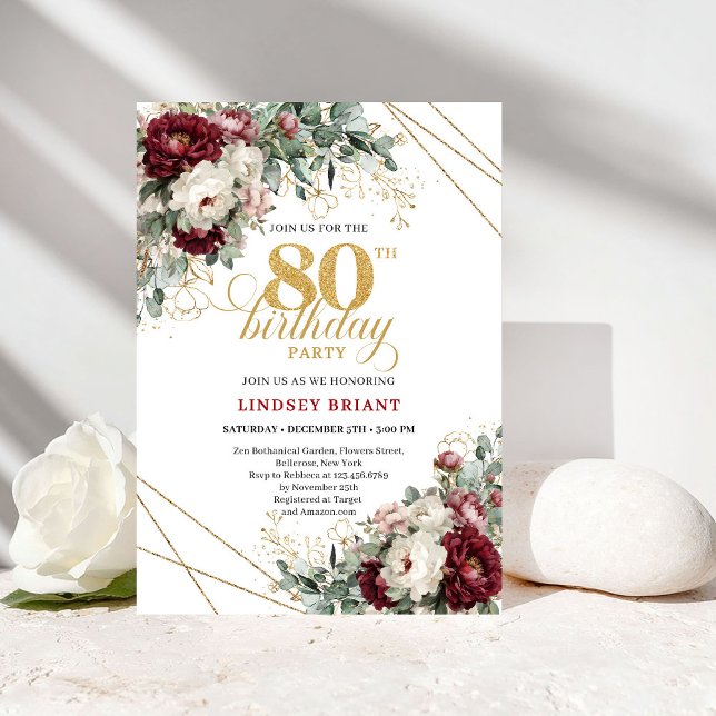 Convites Adorável Marsala Floral Eucalipto Dourado 80 Anive (Lovely Marsala Floral Eucalyptus Gold 80th Birthday Invite

)