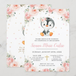 Convites Adorável Pinguin Blush Floral Girl