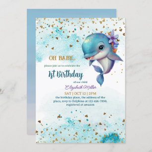 Convites Adorável primeiro aniversario Dolphin Cute Baby Gi