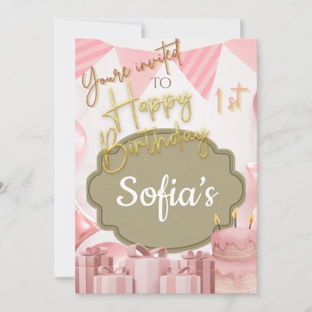 Convites Adorável primeiro aniversario Rosa Feliz Convide (Frente)