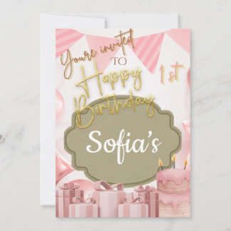 Convites Adorável primeiro aniversario Rosa Feliz Convide