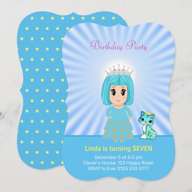 Convites Adorável Princesa Celestial com Gatinho de 7 Anos (Frente/Verso)