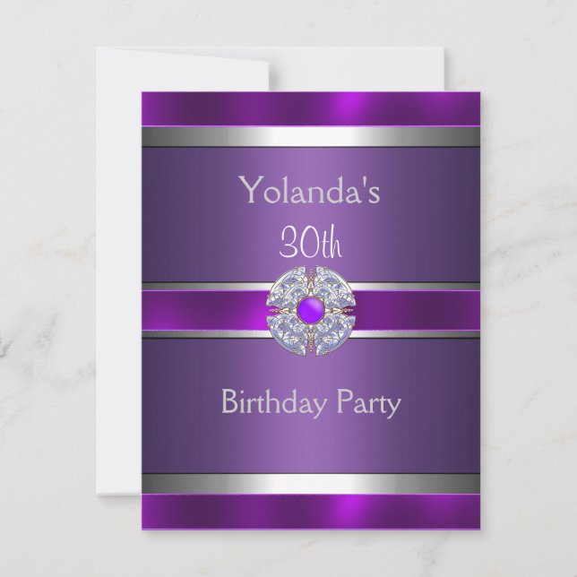 Convites Adorno Roxo Prateado Com Joias Festa de Aniversári (Frente)