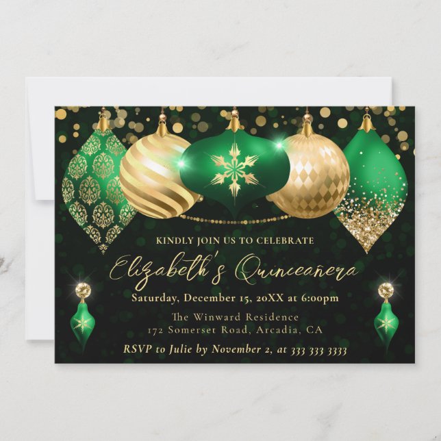 Convites Adornos de Natal Verde e Dourado Quinceanera (Frente)