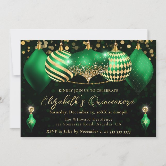 Convites Adornos de Natal Verde e Dourado Quinceanera (Frente)
