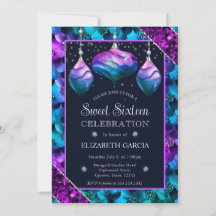 Adornos de sereia com degradê azul e roxo Sweet 16