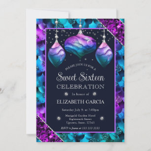Convites Adornos de sereia com degradê azul e roxo Sweet 16