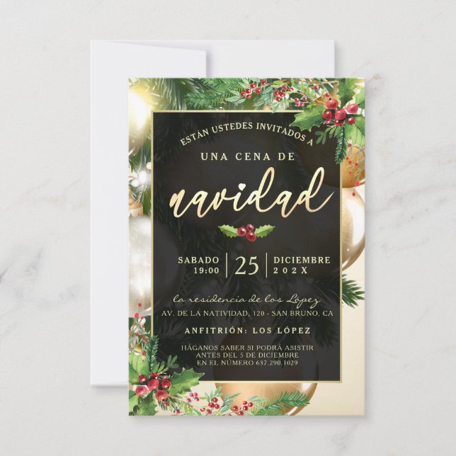 Convites Adornos Dorados Invitación a una Ceña Navideña (Frente)