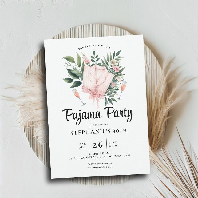 Convites Adulto Festa do Sono aniversário de 30 anos (adult pajama party 30th birthday invitation slumber sleepover elegant wildflowers botanical chic)