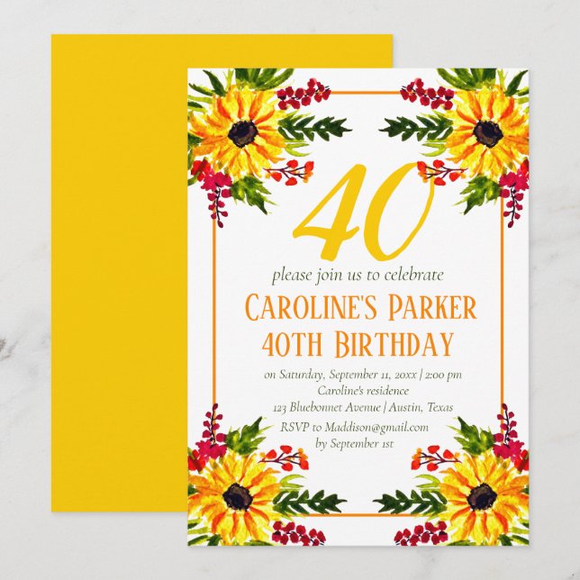 Convites Adulto Floral Amarelo-aniversário de 40 anos de gi (Frente/Verso)