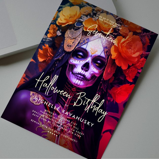 Convites Adulto Gótico Halloween Aniversário de Dia Laranja (Gothic Adult Halloween Birthday Orange Lady Skull Invitation
)