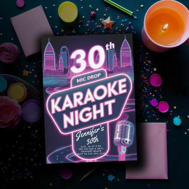 Convites Adulto Karaoke 90s Neon Pink aniversário de 30 ano (90s neon glow arcade pink birthday invitation for women millennial y2k)