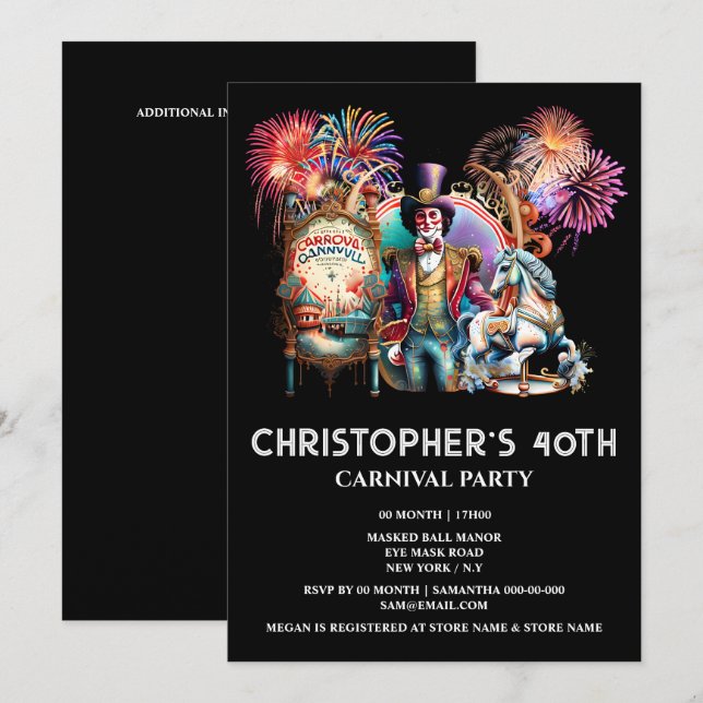 Convites Adultos tema do carnaval de circo ringmaster carou (Frente/Verso)