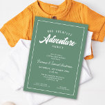 Convites Adventure aguarda Casais Chá de fraldas Verde<br><div class="desc">Este convite para chás de fraldas apresenta o texto "Our Greatest Adventure Await" em um fundo verde sábio. O texto personalizado permite personalizar com o nome do casal. Isso é perfeito para seu evento rústico ou ao ar livre.</div>