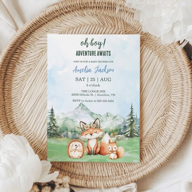 Convites Adventure Aguarda Chá de fraldas De Animais Da Flo (Oh Boy! Adventure Awaits Woodland Animal Baby Shower Invitation)