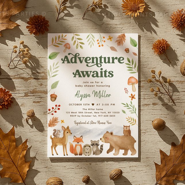 Convites Adventure Aguarda Chá de fraldas De Animais Da Flo (Sweet woodland animal baby shower invitation in cozy autumn colors 🍁🦔🦊)