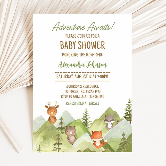 Convites Adventure Aguarda Chá de fraldas De Animais Da Flo (Woodland Animals Baby Shower Invitation)
