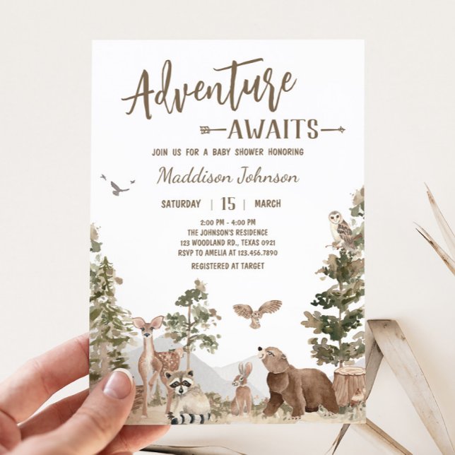 Convites Adventure Aguarda Chá de fraldas De Animais Da Flo (Woodland Animals Adventure Awaits Baby Shower Invitation)