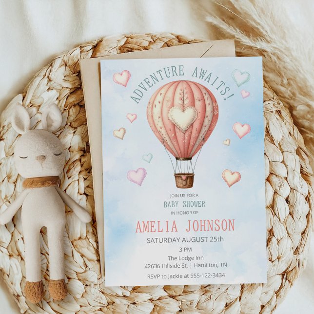 Convites Adventure Aguarda Chá de fraldas de balão de ar qu (Adventure Awaits Hot Air Balloon Baby Shower Invitation Front)
