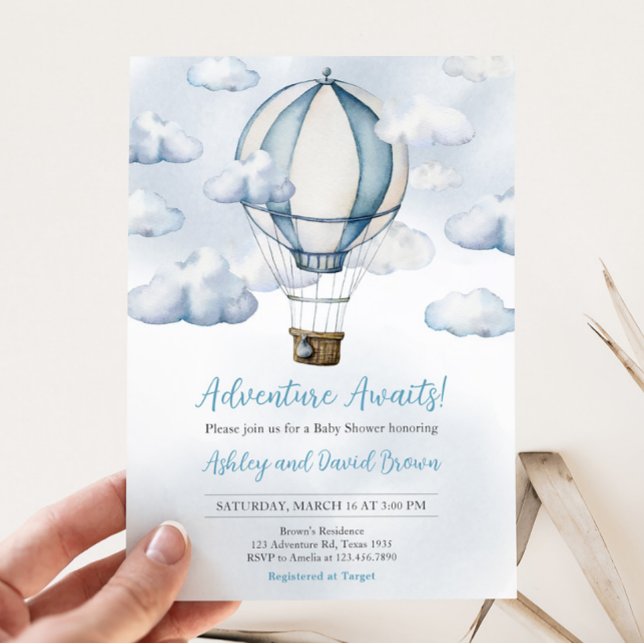 Convites Adventure Aguarda Chá de fraldas de balão de ar qu (Adventure Awaits Baby Shower Invitation)