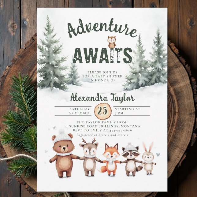 Convites Adventure Aguarda Chá de fraldas de inverno da Woo (winter baby shower invitation adventure awaits cute woodland animals watercolor snow cold forest)