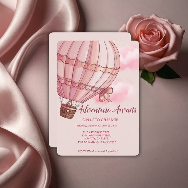 Convites Adventure aguarda Chá de fraldas rosa de balão de  (Criador carregado)