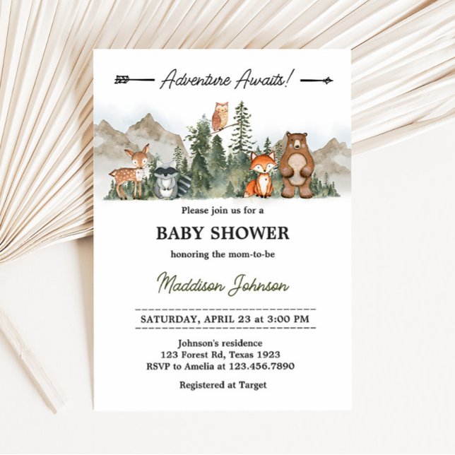 Convites Adventure Aguarda Chá de fraldas Woodland (Woodland Animals Adventure Awaits Baby Shower invitation)