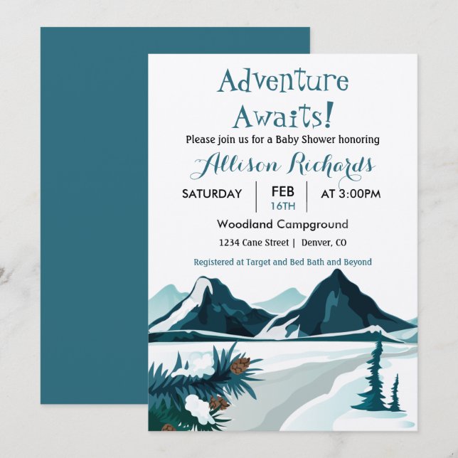 Convites Adventure aguarda montanhas viagem bebê    chuveir (Frente/Verso)