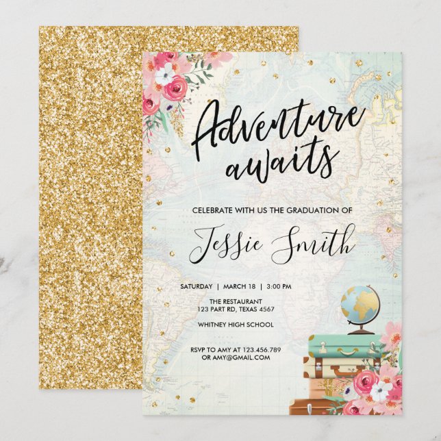 Convites Adventure Aguarda Viagem da Festa de Graduação (Frente/Verso)