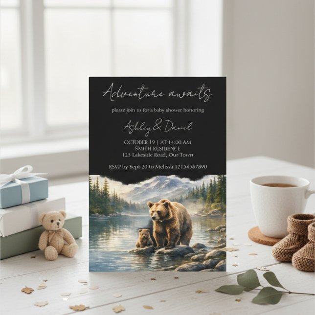 Convites Adventure Awaits Bear & Cub Woodland Baby Shower (Criador carregado)