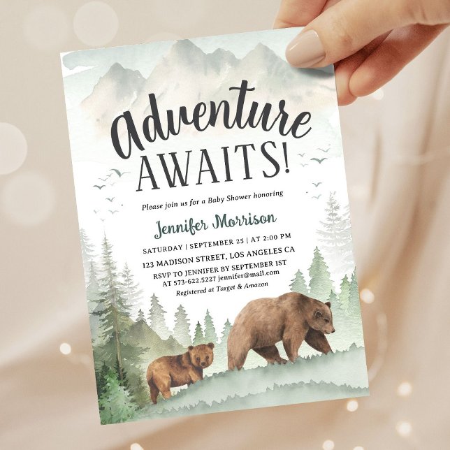 Convites Adventure Awaits Bear Forest Woodland Baby Shower (Criador carregado)