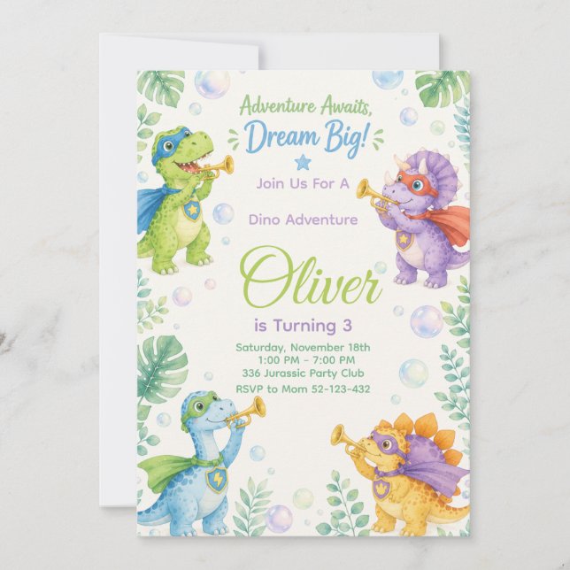 Convites Adventure Awaits Dream Big Dinosaur Birthday (Frente)