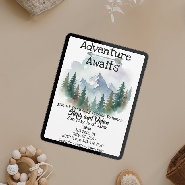 Convites Adventure Awaits, Watercolor Woods Baby Shower (Criador carregado)
