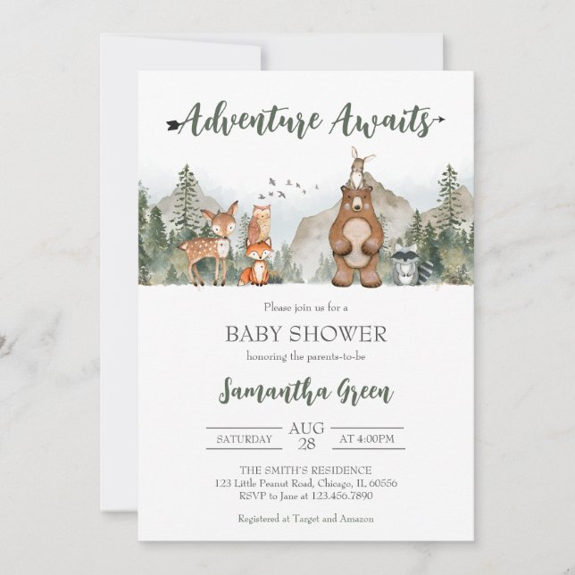 Convites Adventure Awaits Woodland Baby Shower (Frente)